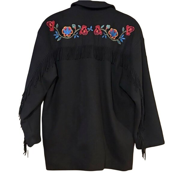 Eddie Bauer Black Wool Western Tassels Embroidered Pea Coat, Sz Large, Vtg - Picture 1 of 5